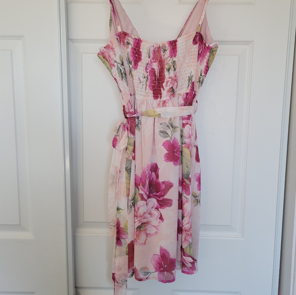 Lulu's Pink Floral Wrap Dress with Green Leaves - Picture 7 of 8
